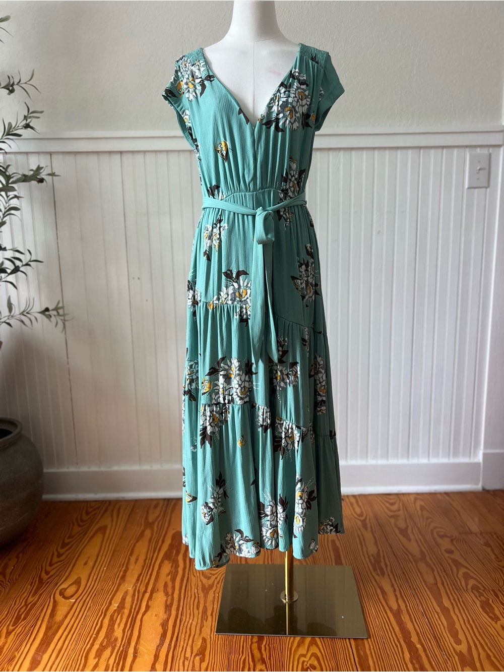 Women’s Free People Green Floral Tiered Maxi Dress Size 6 Prairie Cottagecore‎